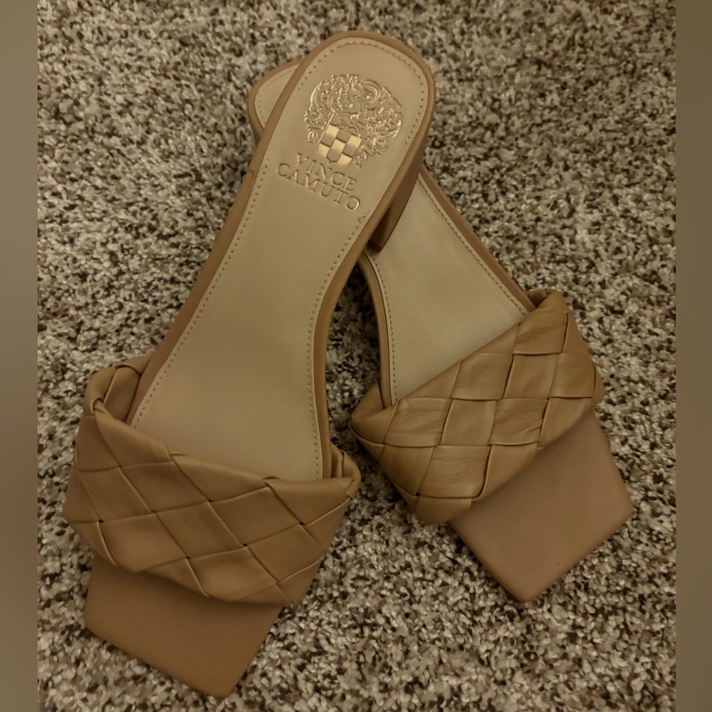 STILL AVAILABLE - Vince Camuto tan leather slides, excellent condition, size 8.